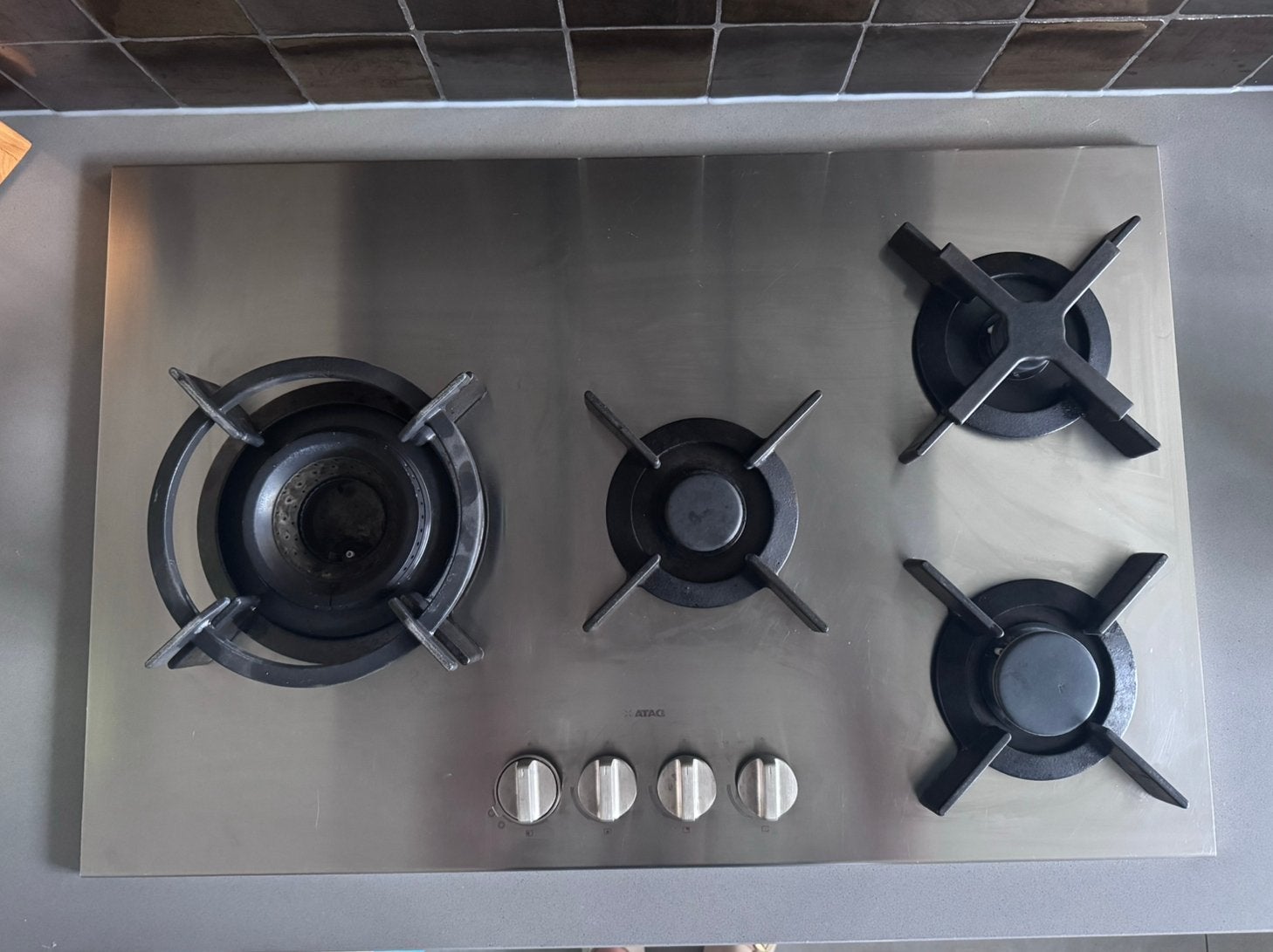 Atag RVS gaskookplaat met wokbrander, Gebruikt, Inbouw, Gas, 4 kookzones
