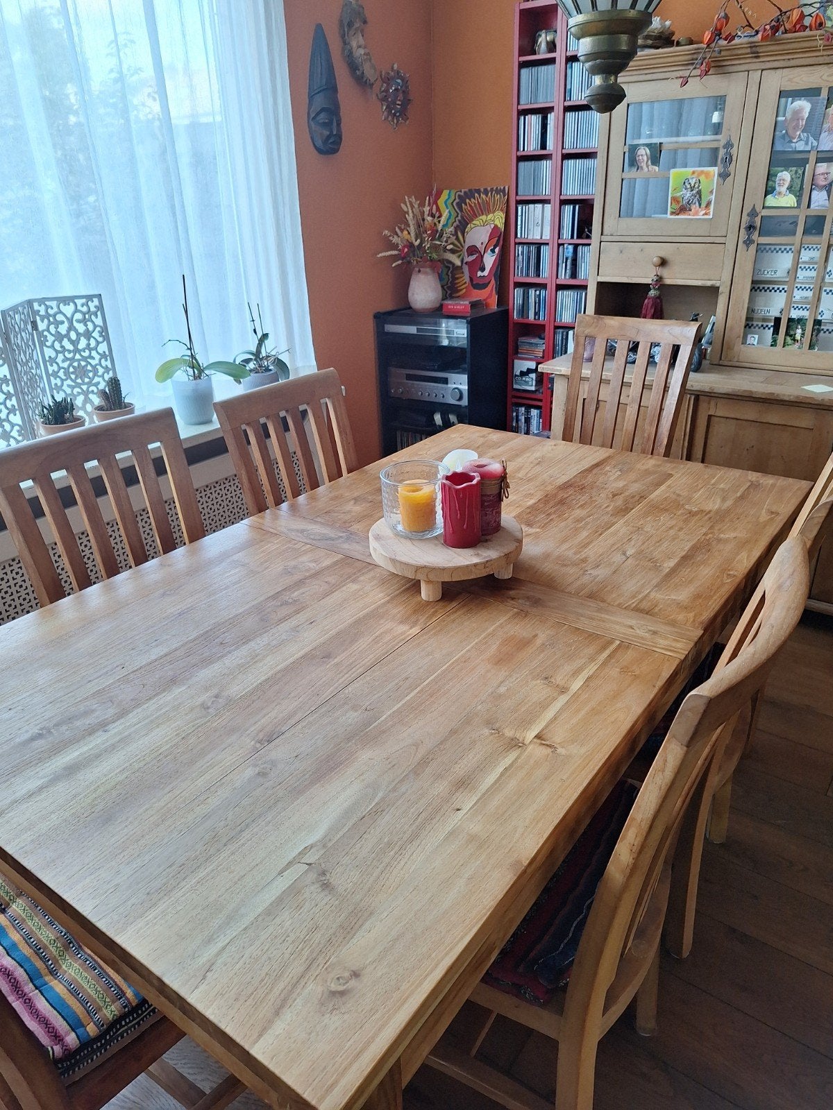 mooie grote teakhouten eettafel inclusief 8 stoelen., Ophalen