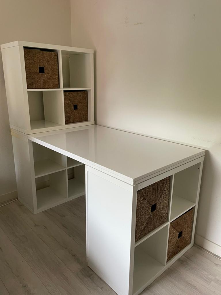 Wit hoogglans bureau met opbergruimte, Ophalen, Opbergruimte, Gebruikt, Spaanplaat of MDF
