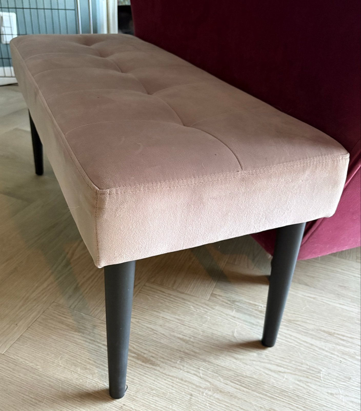 Langwerpig roze fluwelen bankje - 40x100x40cm, Ophalen, Minder dan 50 cm, 75 tot 100 cm, Zo goed als nieuw