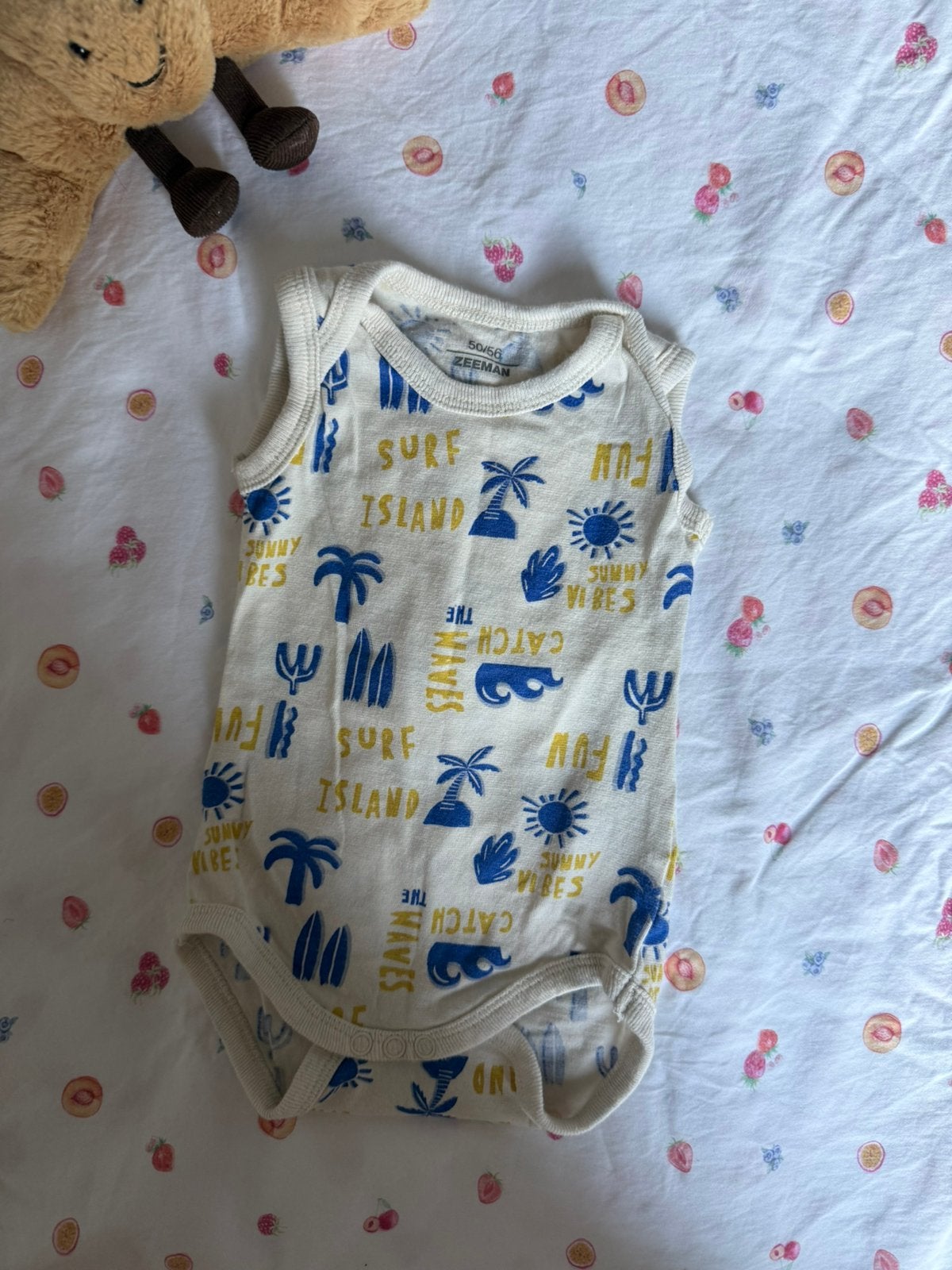 Zeeman creme beige blauw geel romper zonder mouw Maat 50/56, Ophalen of Verzenden, Zo goed als nieuw, Jongetje of Meisje, Nacht- of Onderkleding