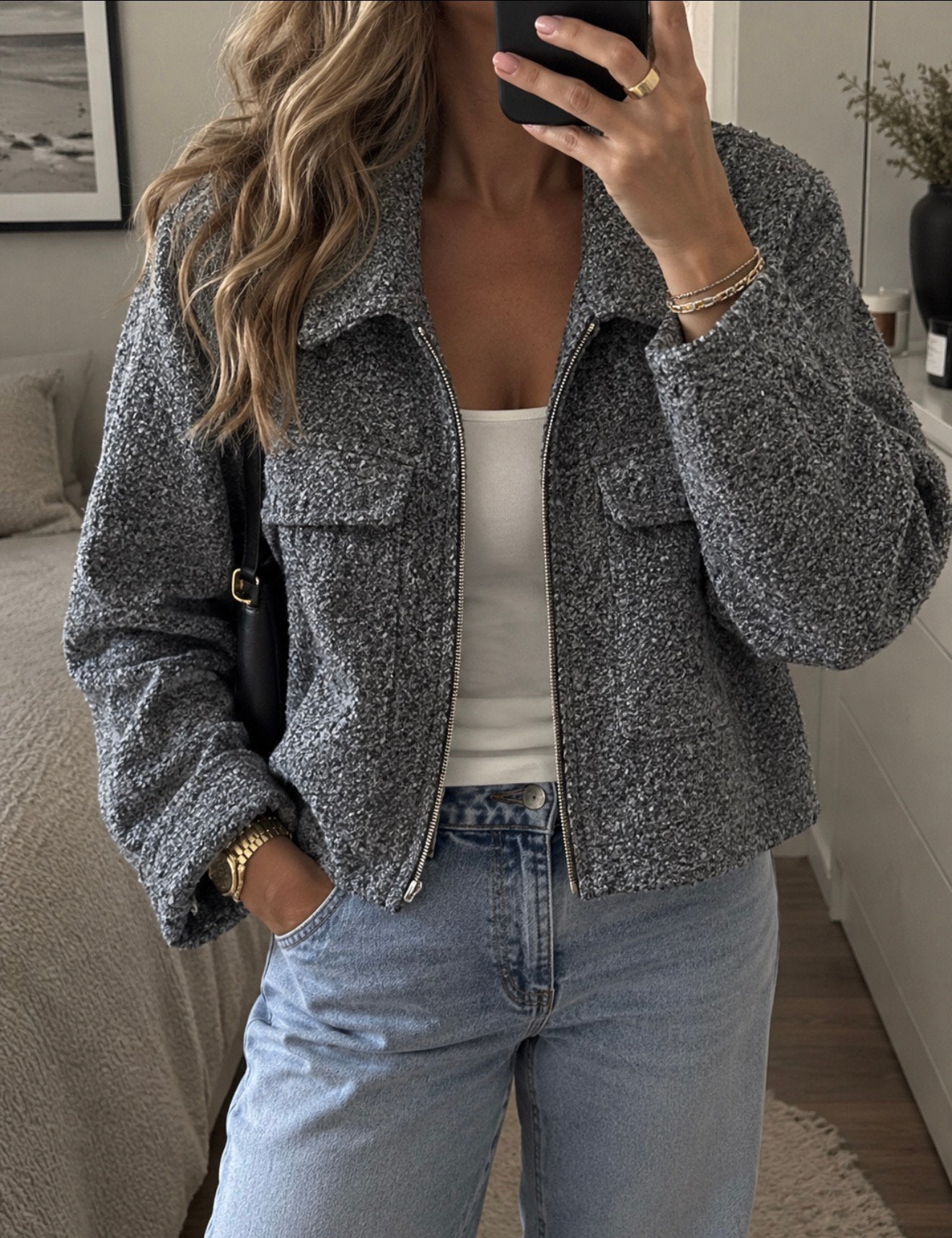Grijs bouclé jasje maat S – Zara look a like, Ophalen of Verzenden, Zo goed als nieuw, Grijs