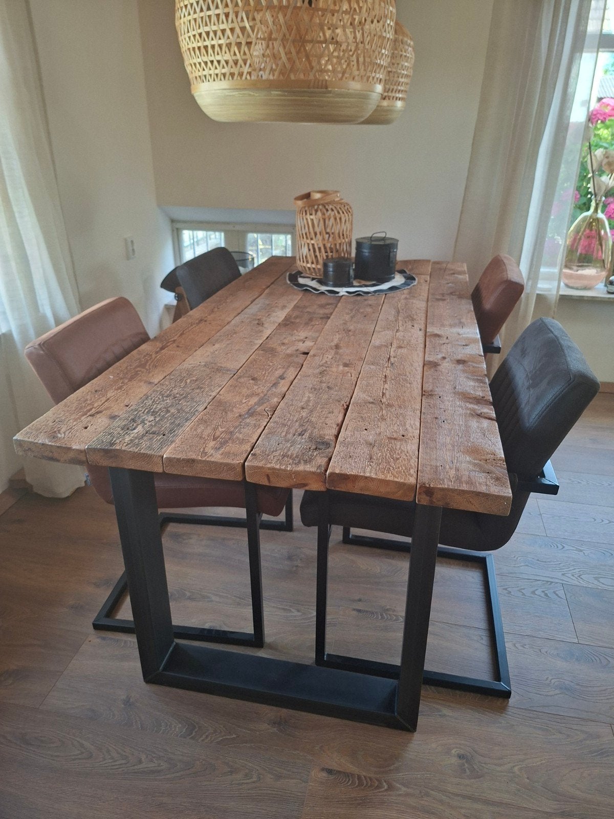 Originele eetkamerset, industrieel, compleet, Ophalen, Zo goed als nieuw, Industrieel, 4 tot 6 stoelen
