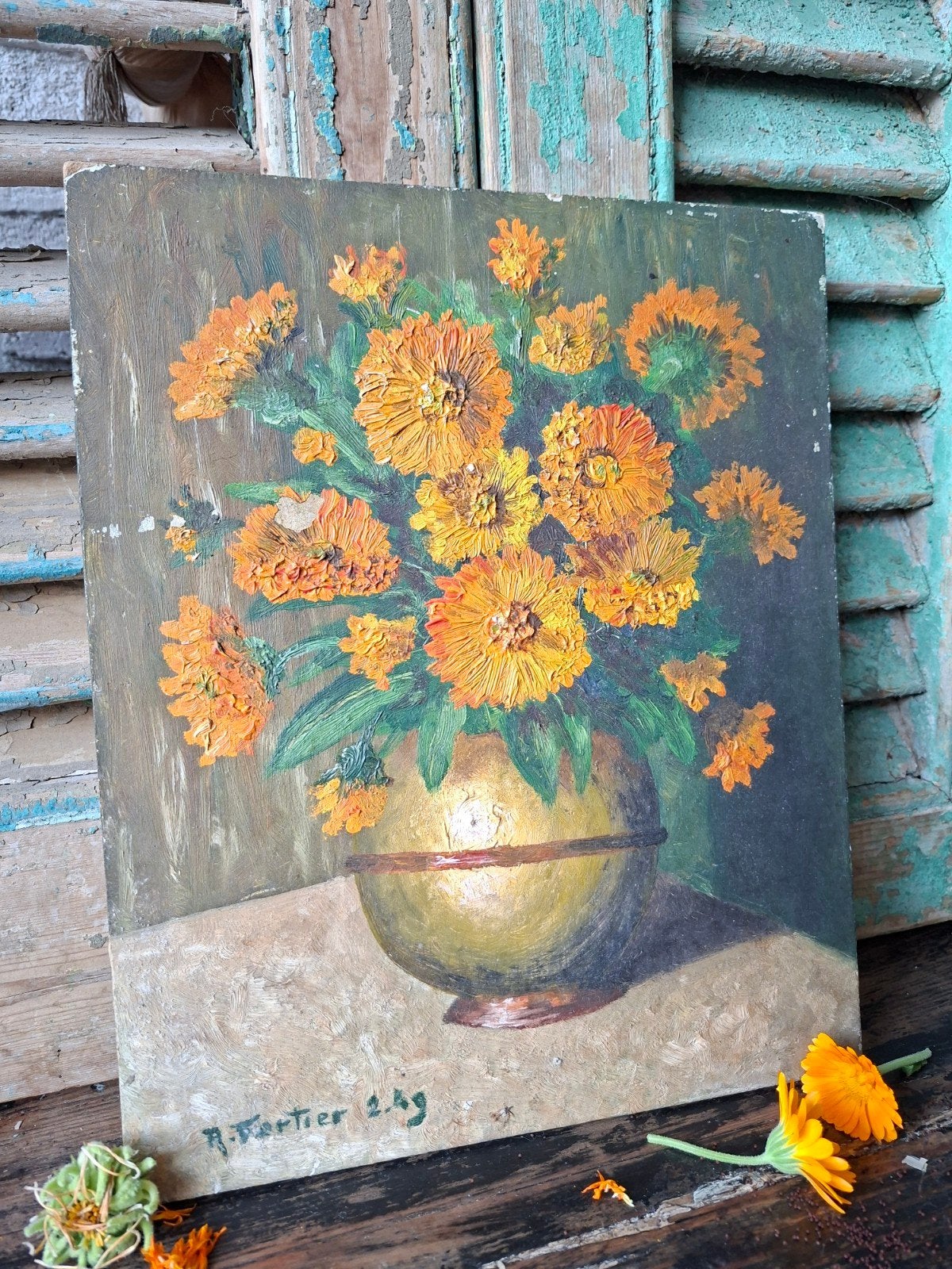 FRANS handgeschilderd schilderij goudsbloem Toen was geluk, Ophalen of Verzenden