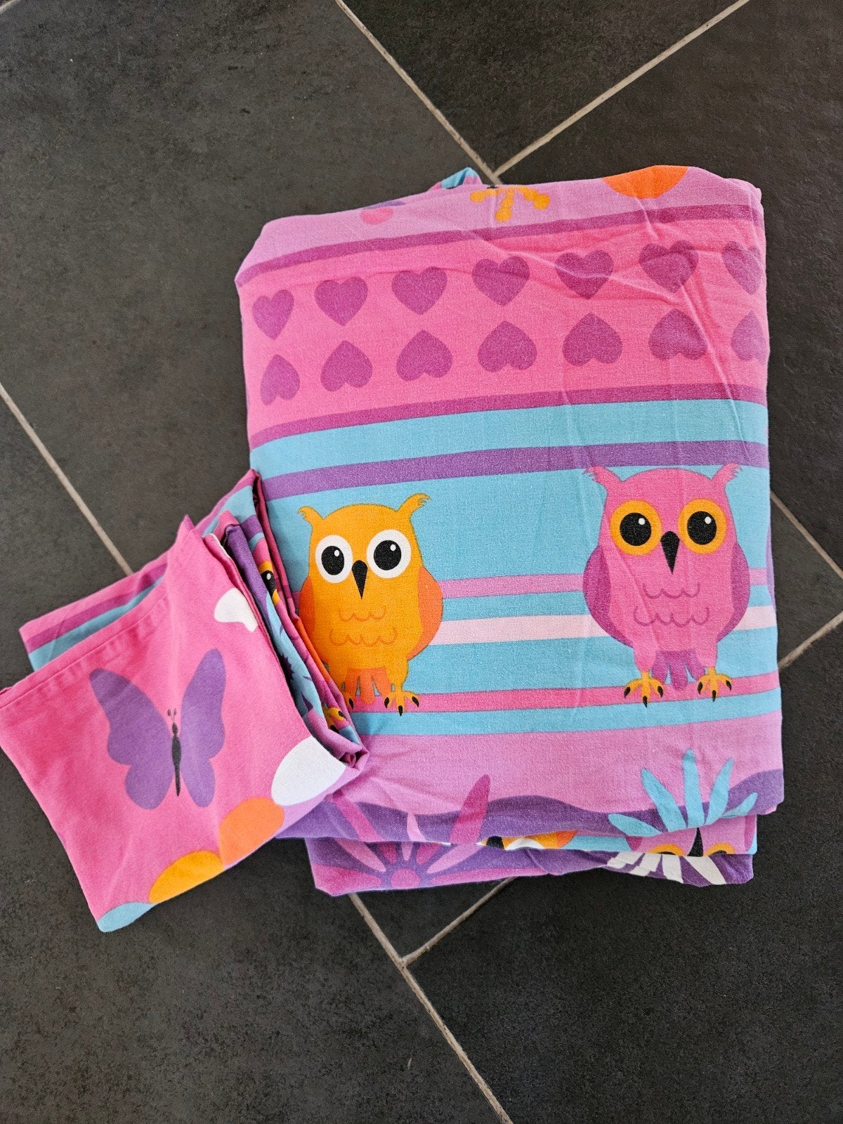 Dekbedovertrek met uilen en vlinders - Roze/Meerkleurig, Gebruikt, Overige merken, Dekbedovertrek, Ophalen of Verzenden
