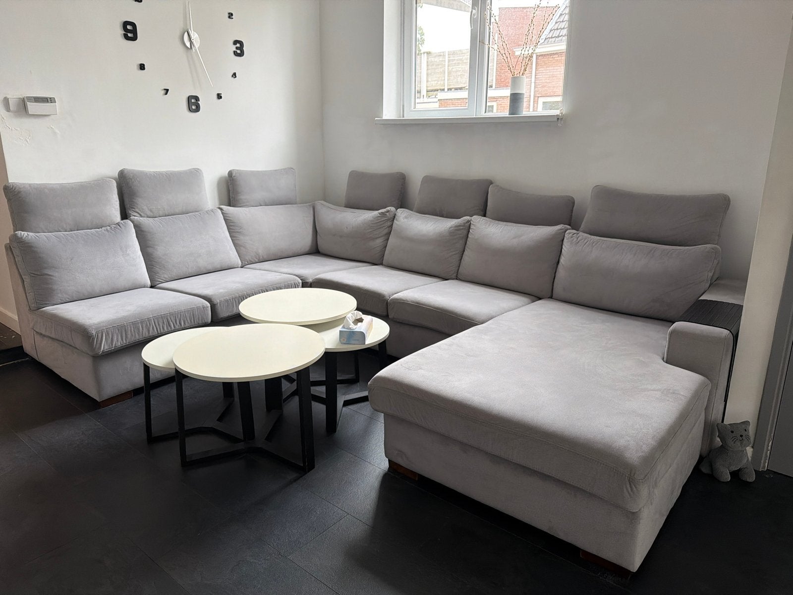 Grote grijze hoekbank, Huis en Inrichting, Ophalen, Hoekbank, 300 cm of meer, Zo goed als nieuw