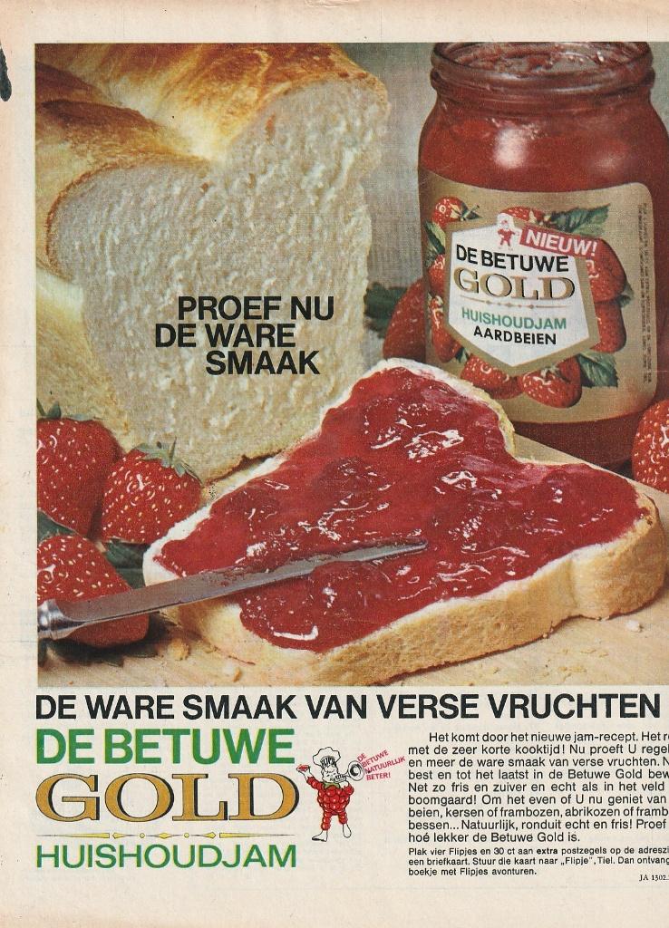 Retro reclame 1966 Betuwe Flipje aardbeien jam op brood, Verzenden, Overige typen