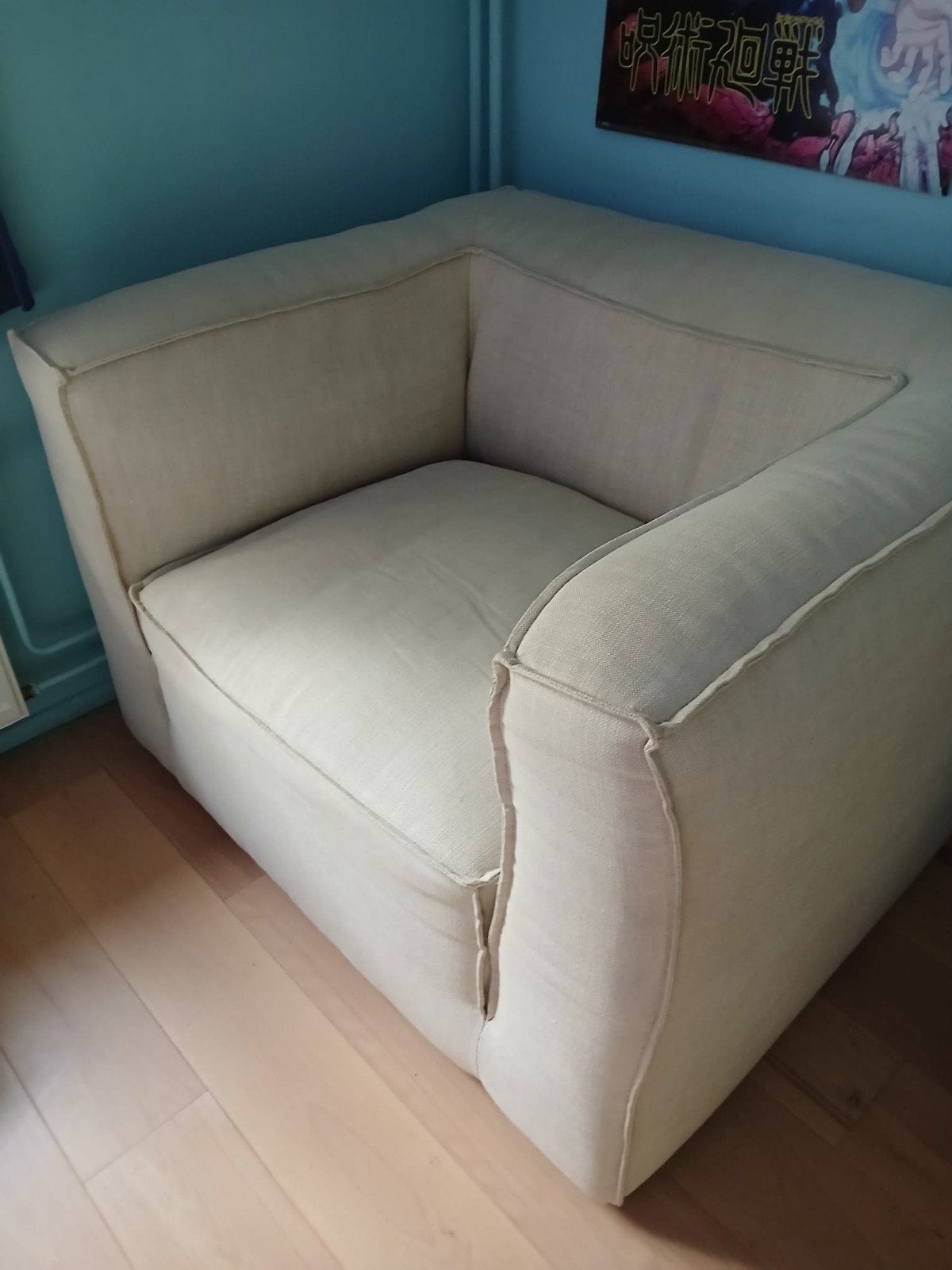 Heerlijke fauteuil, kubusbankje, linnen look, Ophalen, 75 tot 100 cm, Zo goed als nieuw, 100 tot 125 cm