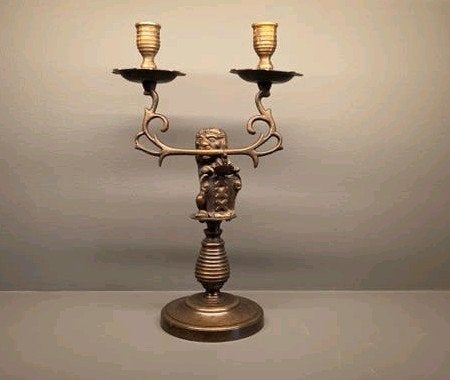 Bronze kandelaar met leeuw en Amsterdams wapen, Ophalen of Verzenden, Koper of Brons