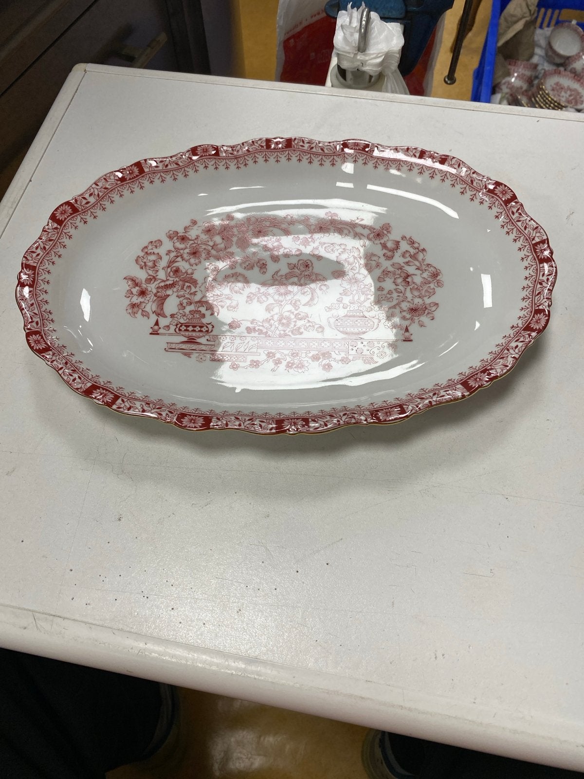Ovale serveerschaal van Colditz Porzellan, rood decor, Ophalen of Verzenden