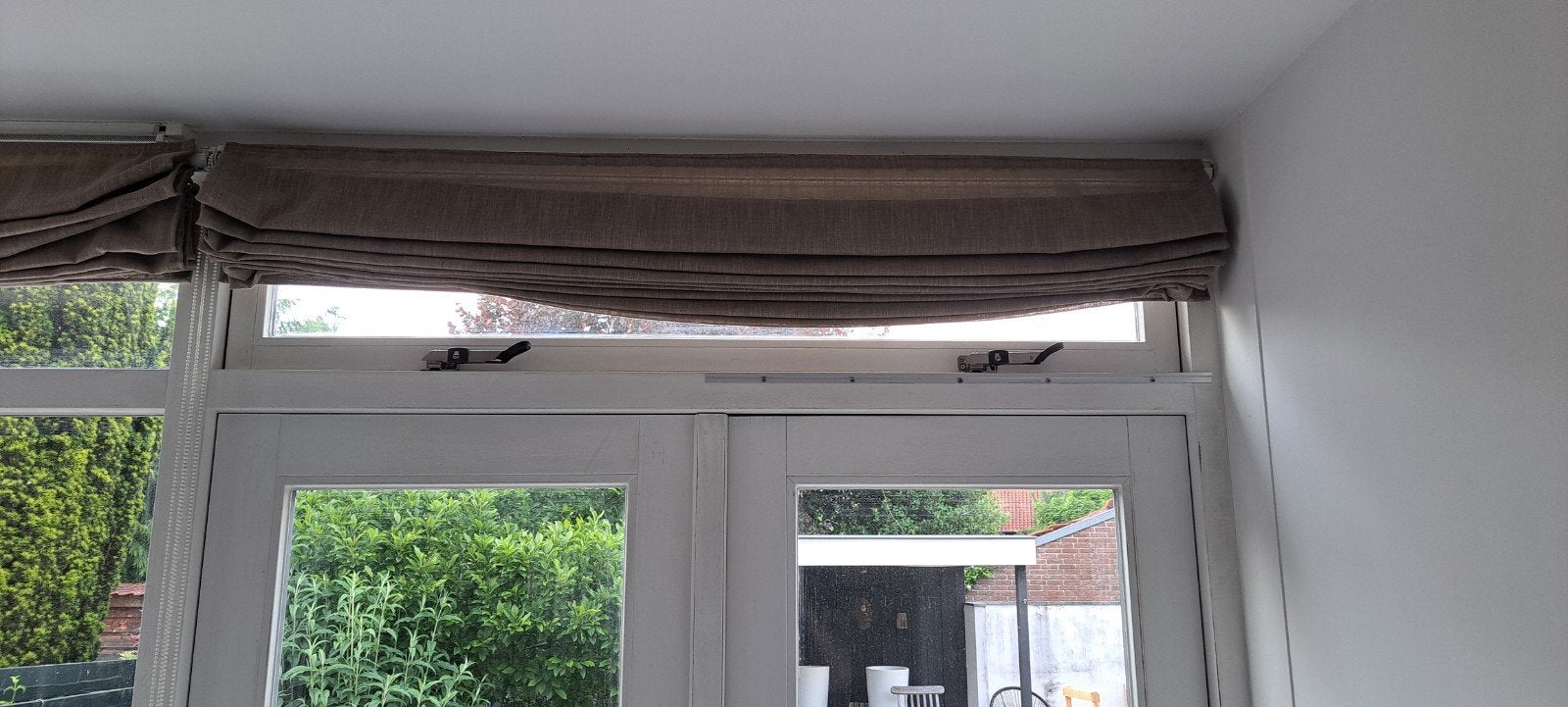 2x vouwgordijn 169cm/183cm bruin linnen, Huis en Inrichting, Stoffering | Gordijnen en Lamellen, Ophalen, Gebruikt, Bruin