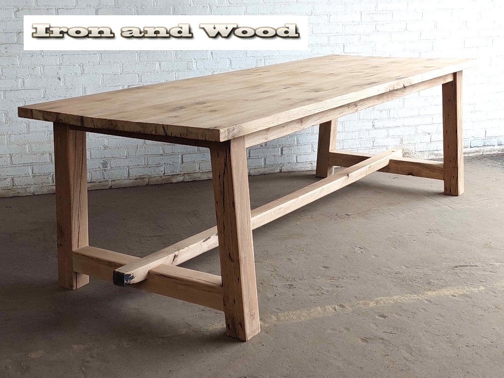 Oud eiken wagonplanken kloostertafel op maat met A poot, Ophalen