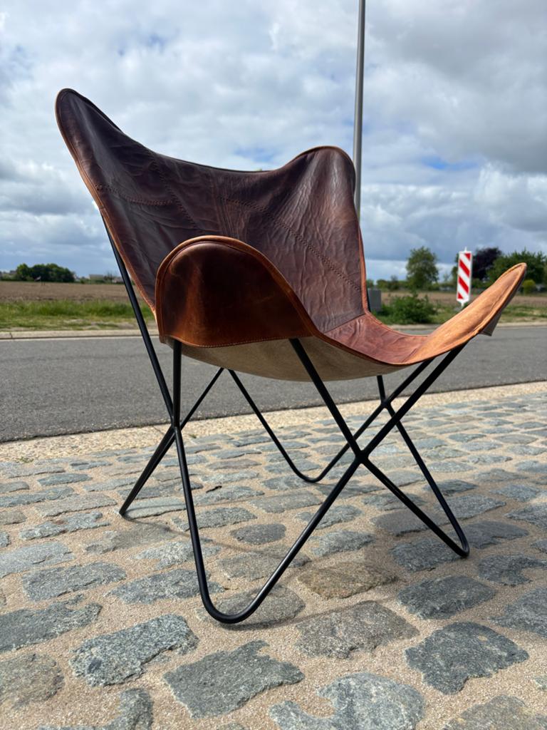 Leren Vlinderstoel - Bruin Leer en Zwart Metaal, Huis en Inrichting, Stoelen, Ophalen, Gebruikt, Bruin, Leer