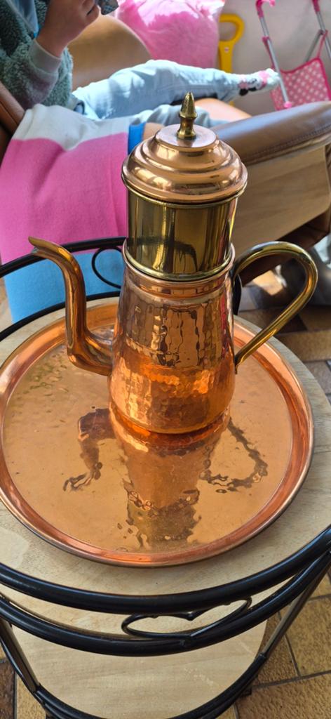 Antieke koperen koffiekan en theekan met dienblad, Antiek en Kunst, Verzenden