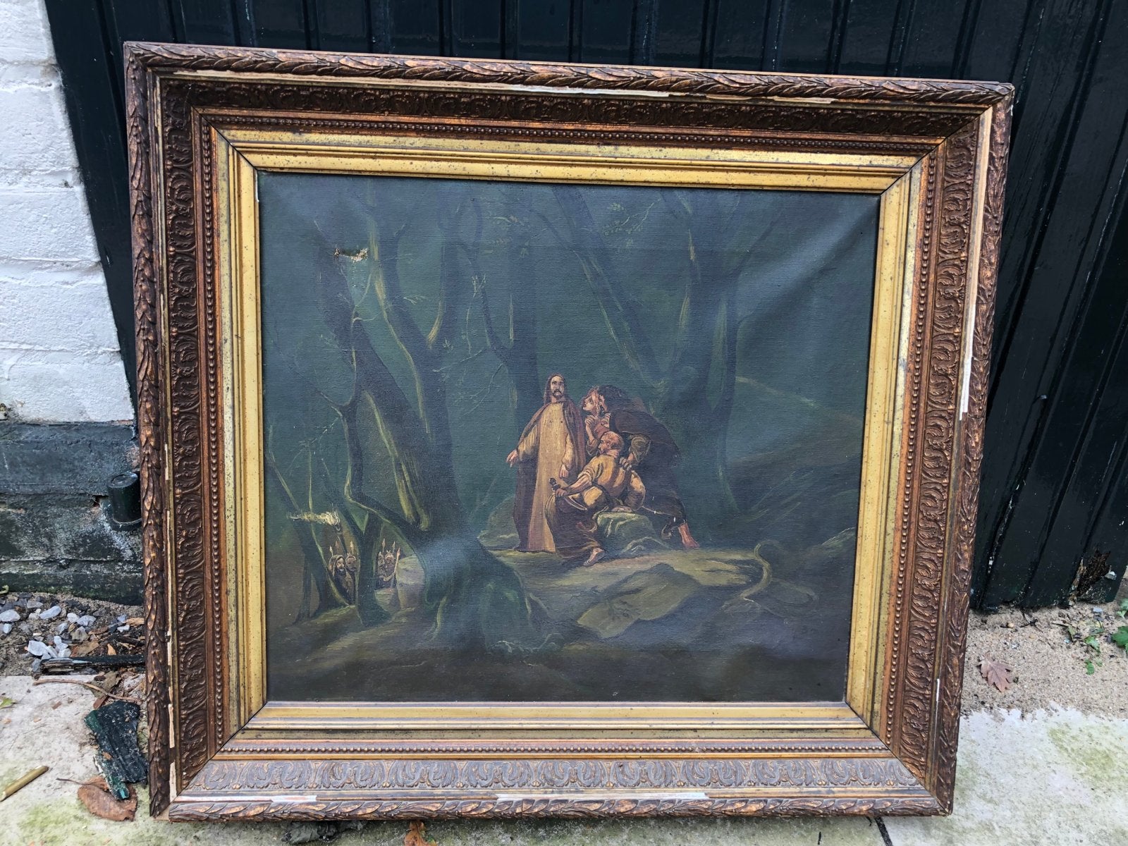 Oud schilderij: Bijbelse scène in donker bos, Ophalen, Doek, Portret of Personen, Olieverf