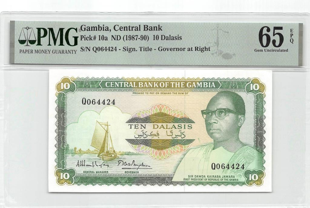 Gambia 10 Dalasis 1987 Unc PMG 65 EPQ, Ophalen of Verzenden, Overige landen, Los biljet