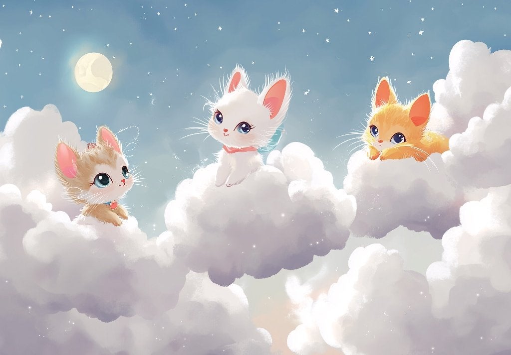 Katjes in de wolken fotobehang, Kinderkamer, Ook op maat!, Verzenden, Nieuw
