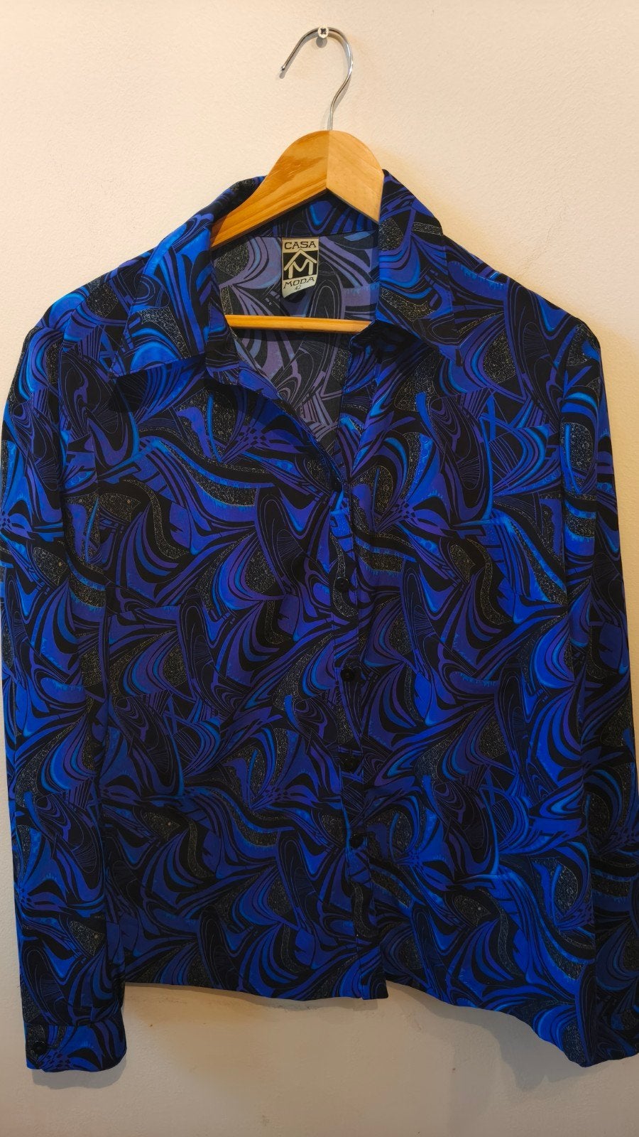 Vintage Casa Moda Blouse - Blauw/Zwart Patroon, Kleding | Dames, Maat 42/44 (L), Casa Moda, Zo goed als nieuw, Verzenden