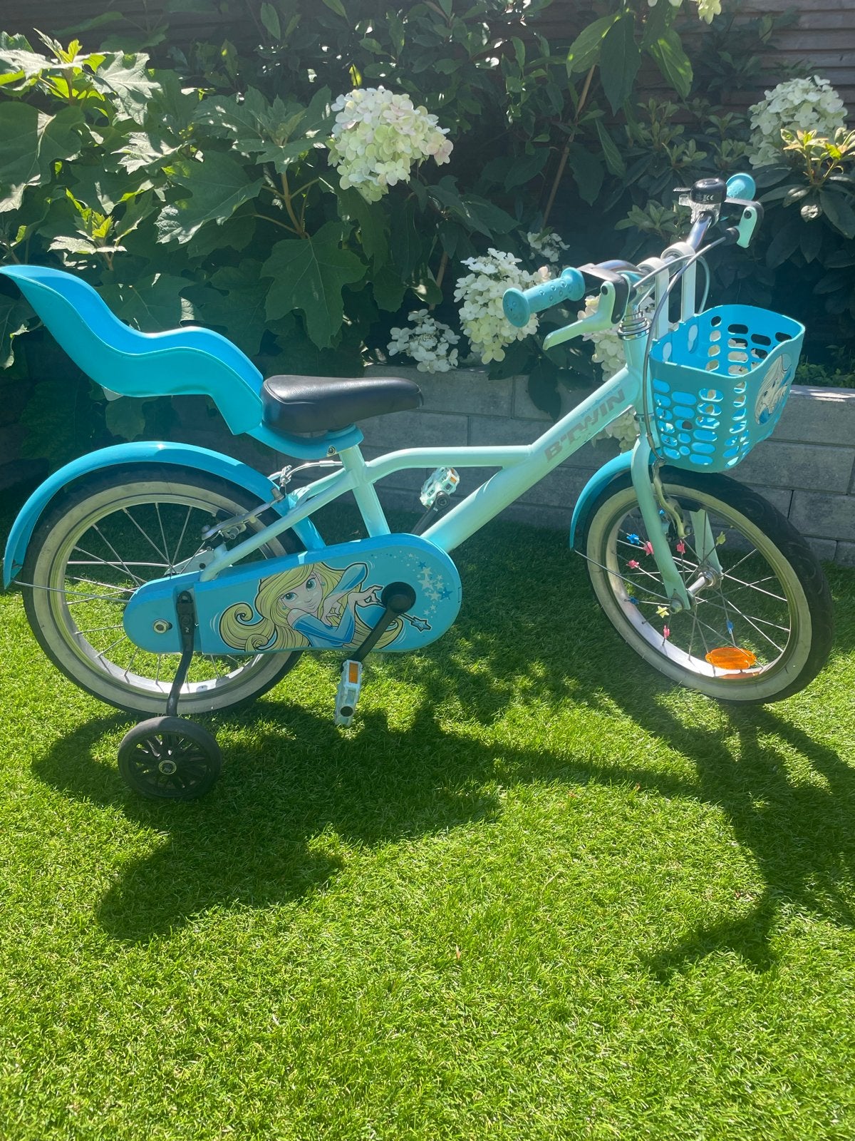 B'Twin kinderfiets 16 inch met zijwieltjes en zitje, Ophalen, Zijwieltjes, Velgrem, 16 tot 20 inch