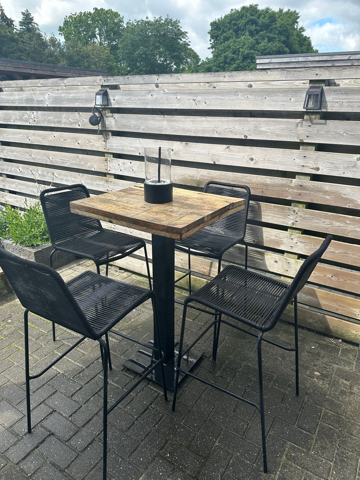 Hoge bartafel met 4 barkrukken, Ophalen of Verzenden, Gebruikt, Hout