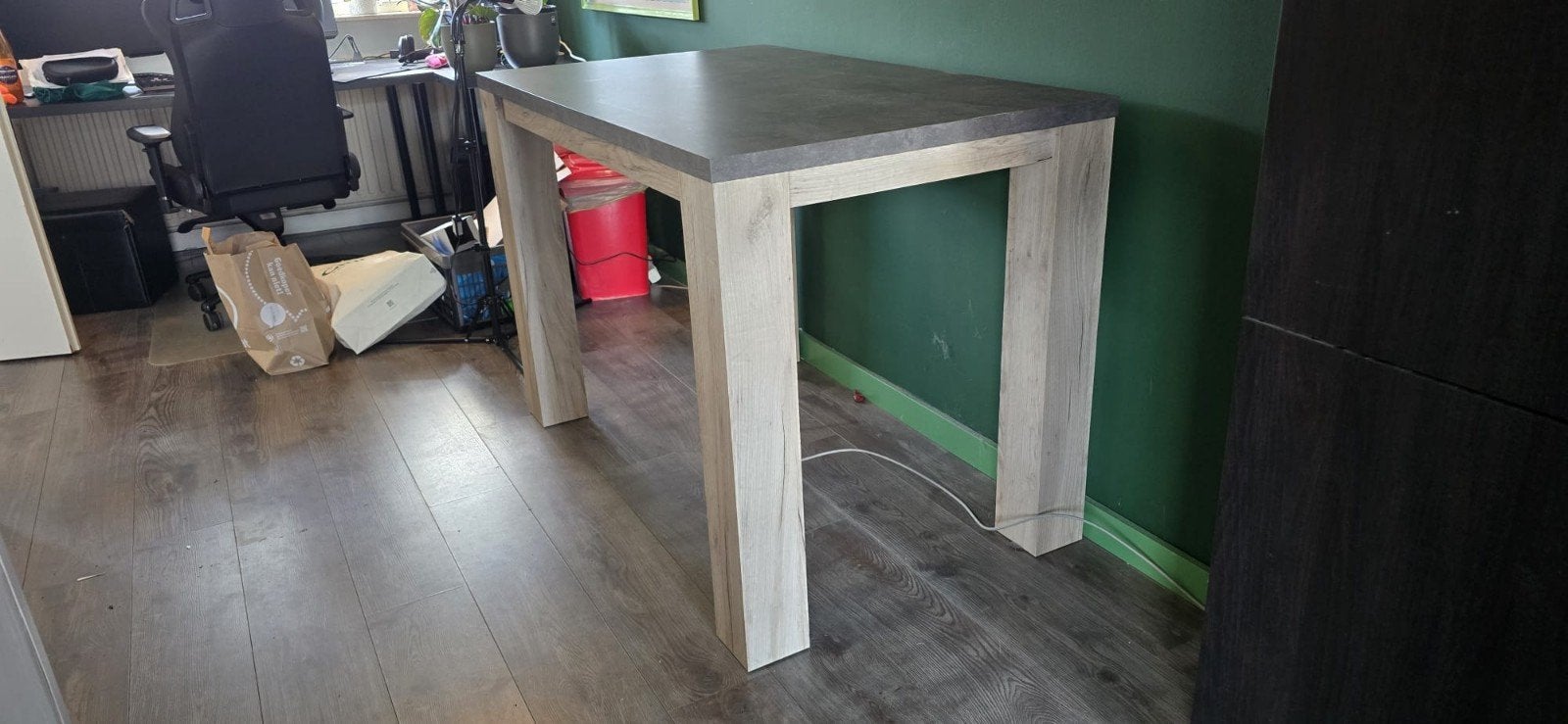 Eettafel / Bartafel licht eiken met kunststof antraciet blad, Ophalen, Gebruikt, 100 tot 150 cm, 50 tot 100 cm