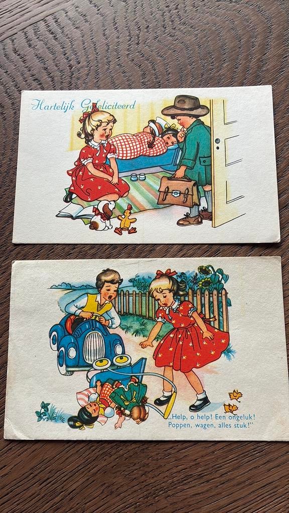 2 kinderkaarten. Poppen, wagen alles stuk/ doktersvisite, Ophalen, 1920 tot 1940, Overige thema's