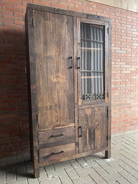 Kabinet oud hout 100 cm breed 180 hoog 2 lades 3 x deuren, 1 of 2 laden, Nieuw, Overige houtsoorten, Salonkast oud hout 100 cm breed 180 hoog 2 lades 3 x deuren