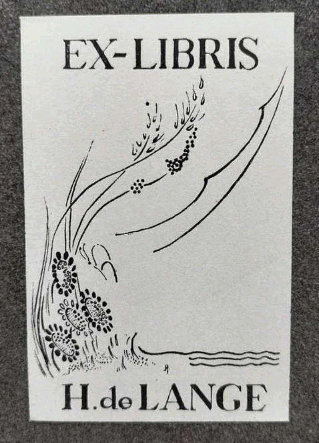 Exlibris H. de Lange (bloem, gras, plant, water, zee, golf), 5 cm, 8 cm, Origineel, Flora en Fauna