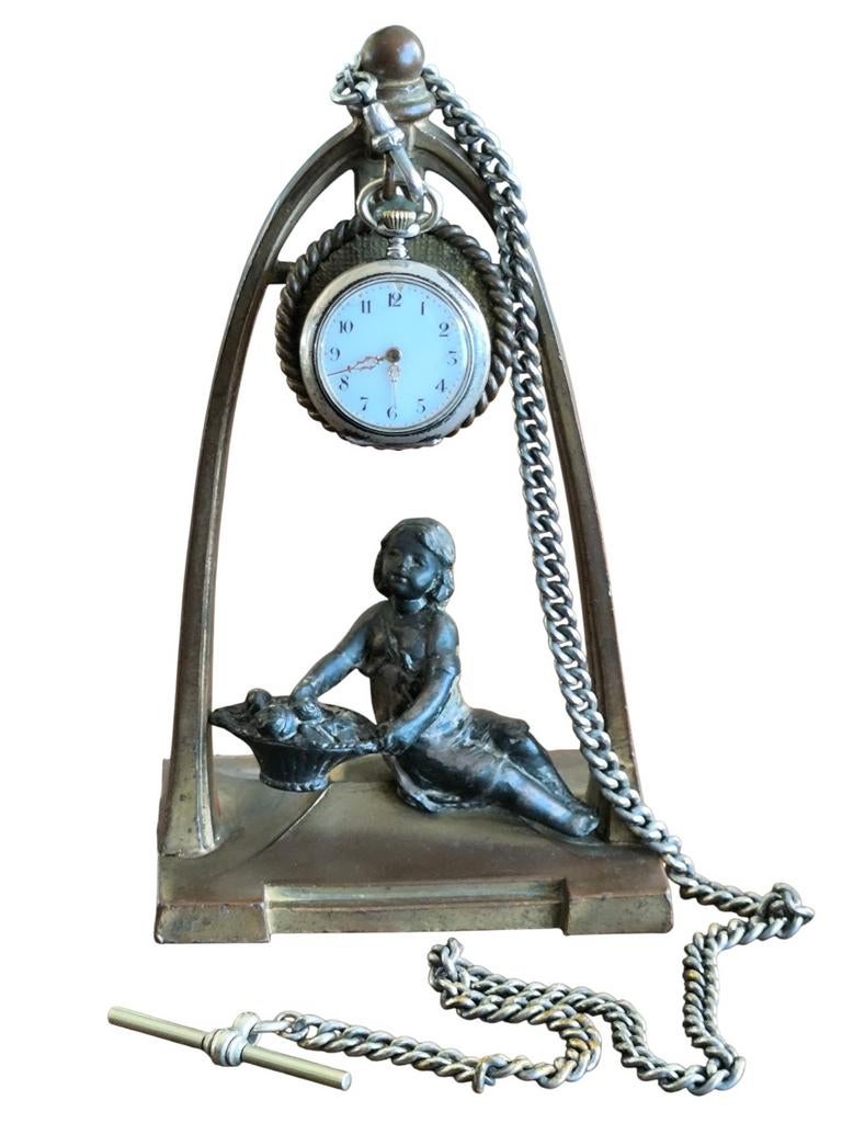Antiek samac horloge standaard met zilveren horloge, Antiek en Kunst, Ophalen of Verzenden