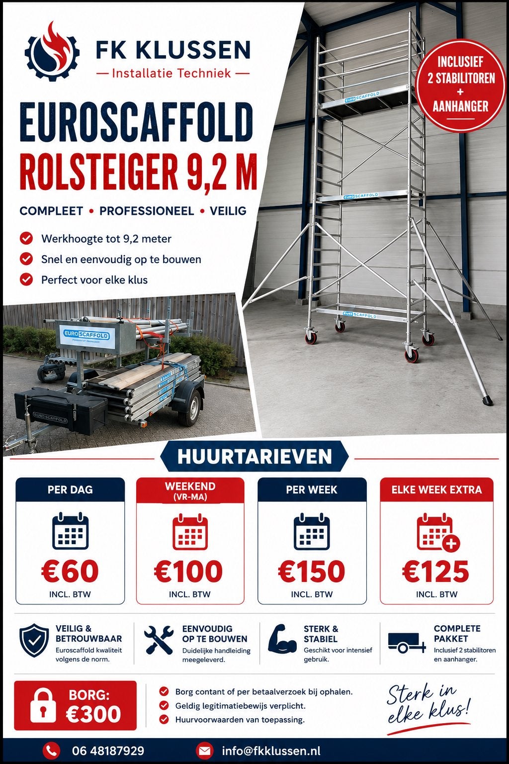 Euroscaffold rolsteiger 9,2m huren incl. aanhanger