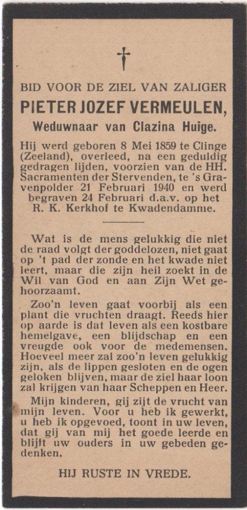 Pieter J Vermeulen 1859 Clinge + 1940 's Gravenpolder, 80 jr, Verzenden