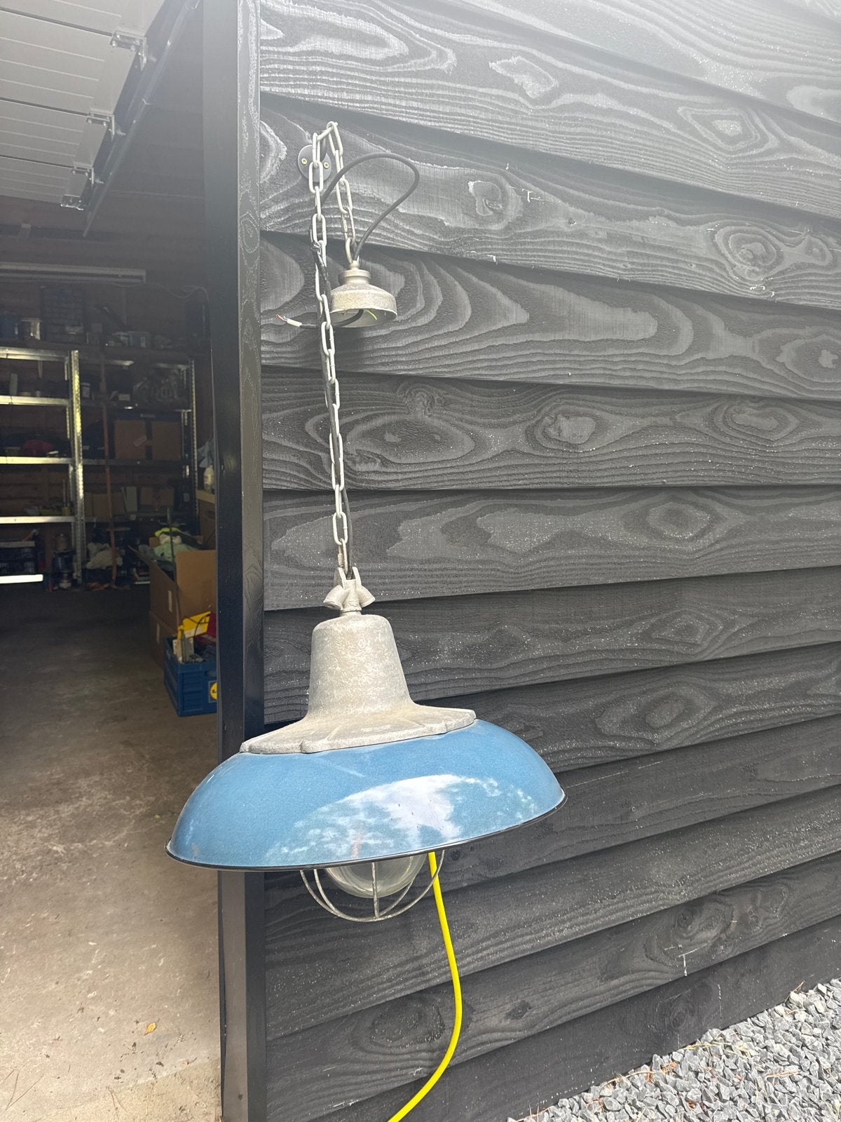 Vintage Industriële Hanglamp - Blauw Emaille, Ophalen, Gebruikt, Metaal, E27 (groot)