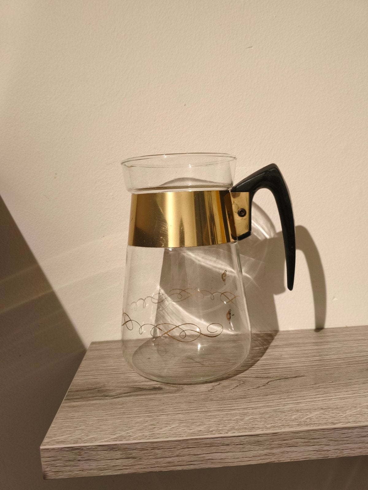 Vintage grote Glazen Koffiekan met Gouden Band en Zwart Hand, Ophalen of Verzenden