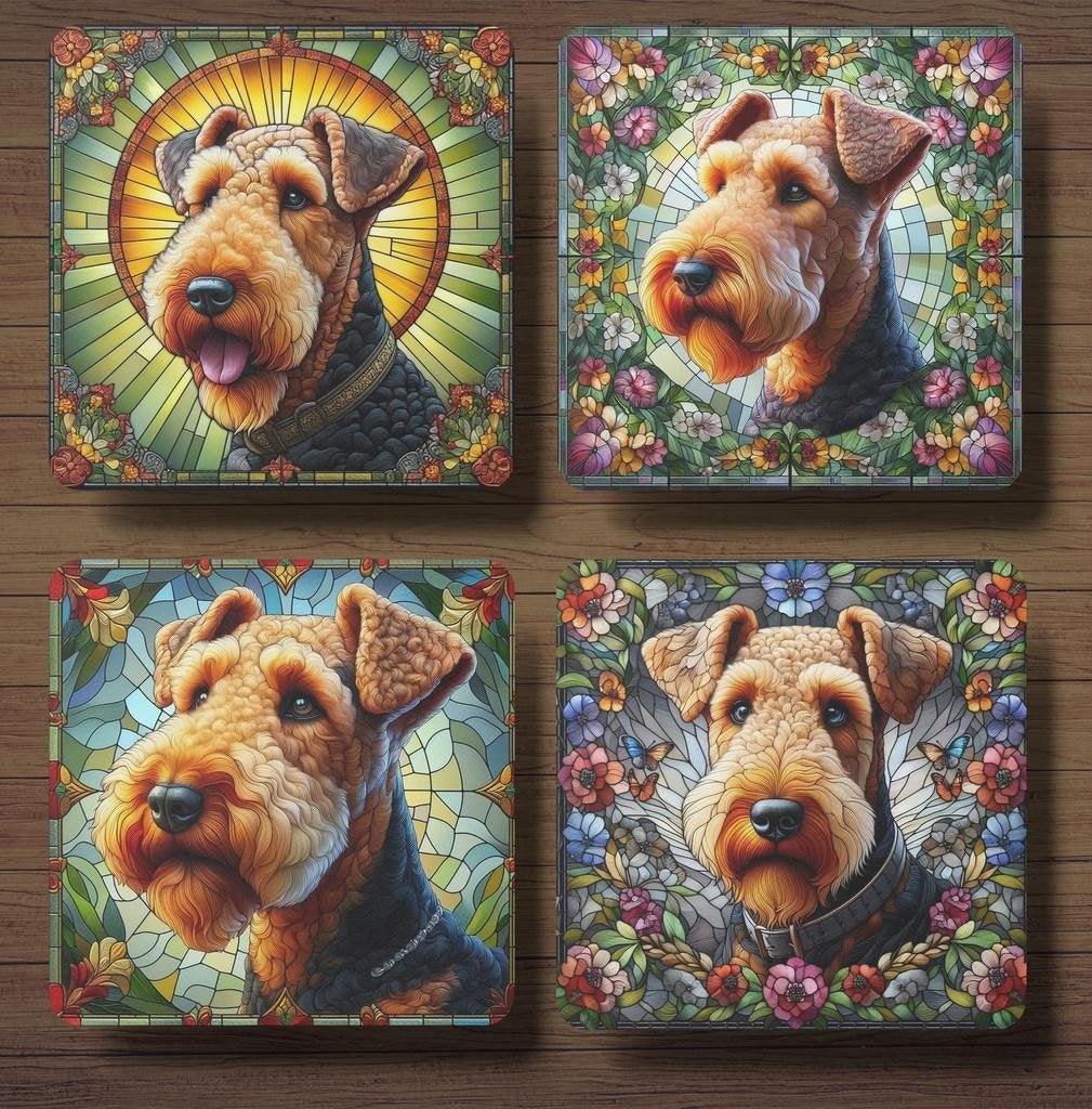 Airedale Terriër Glas in Lood onderzetters met houder, Ophalen of Verzenden, Nieuw