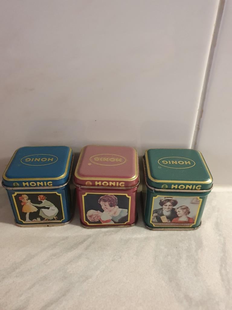 Honig mini blikjes,  3 stuks 4x4x4 cm, vintage, Ophalen of Verzenden, Gebruikt, Overige