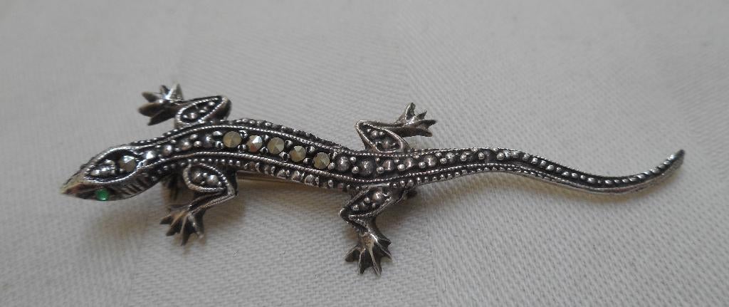 Zilveren vintage salamander broche met markasiet nr.1349, 4 tot 7 cm, Verzenden, Zo goed als nieuw, Zilver