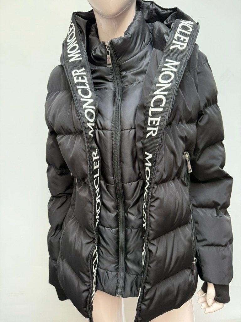 Moncler Zwarte Gewatteerde Jas met Logo Banden, Zwart, Moncler, Maat 42/44 (L), Ophalen of Verzenden