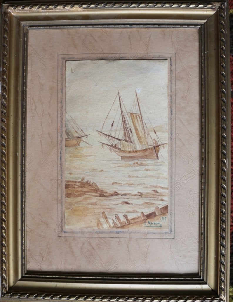Léon  Mignon, gemengde techniek., Maritiem / water, Verzenden, Overige technieken, Klassiek