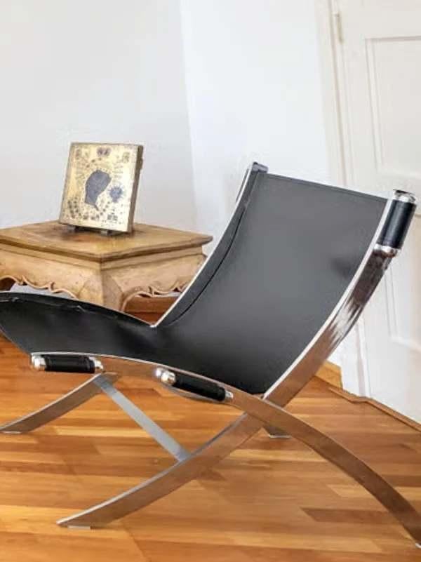 2 Antonio Citterio Flexform Zwarte Leren Scissor Stoelen, Huis en Inrichting, Stoelen, Ophalen, Gebruikt, Twee, Zwart