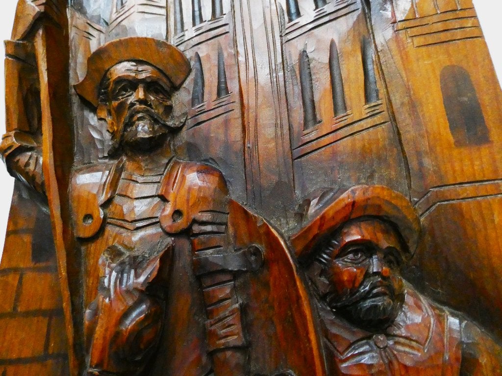 Don Quichot paard en Sancho Panza ezel houtgesneden paneel, Houtsnijwerk, Handgemaakt, Hout, Bruin