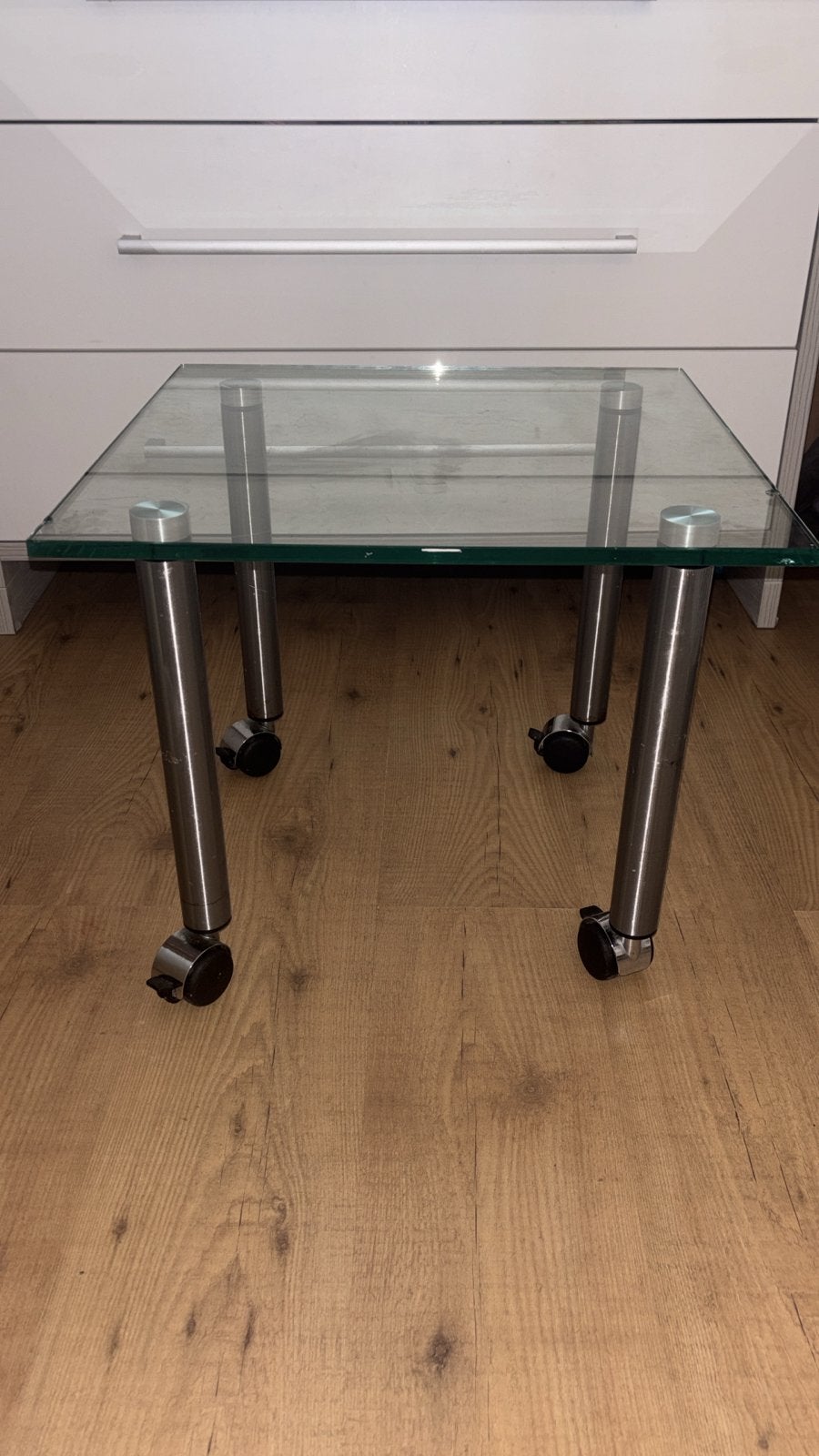 Glazen bijzettafel met wieltjes - zware kwaliteit, Ophalen, Minder dan 45 cm, Minder dan 55 cm, Gebruikt