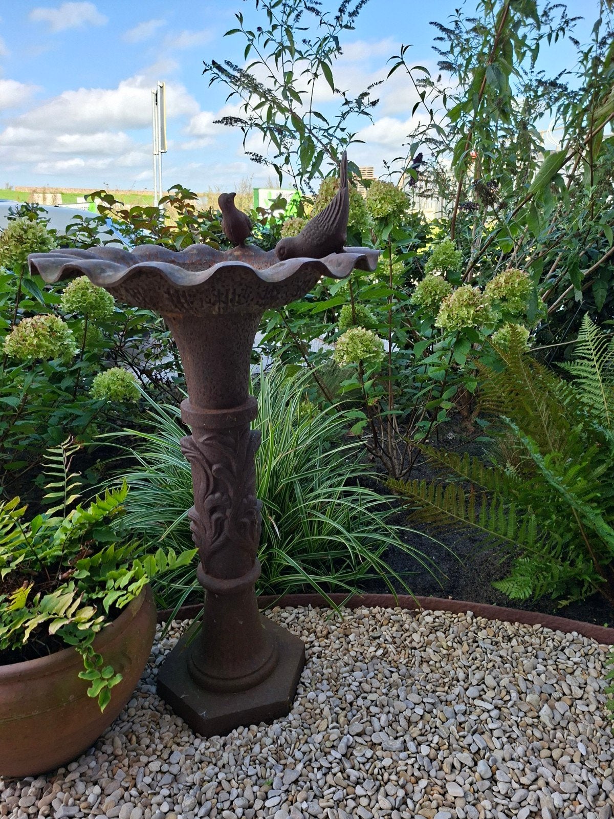 Brocante gietijzeren vogelbad met vogelfiguren, Tuin en Terras, Ophalen, Gebruikt, Metaal, Dierenbeeld