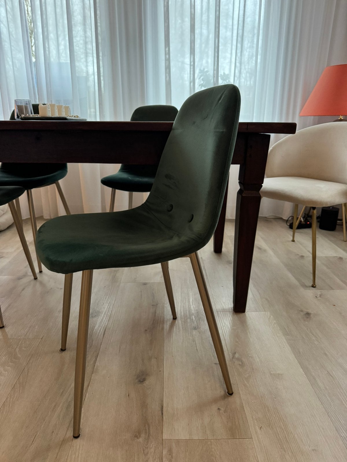 Groen fluwele stoelen met gouden poten (4 stuks), Ophalen, Zo goed als nieuw, Overige kleuren, Vijf, Zes of meer stoelen
