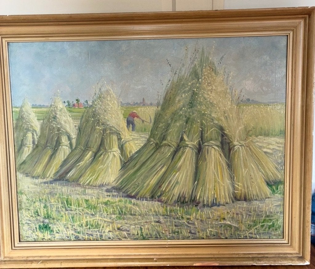 Olieverfschilderij van K. Vegter: Oogsttafereel in Groningen, Ophalen, Doek, Realistisch, Origineel werk