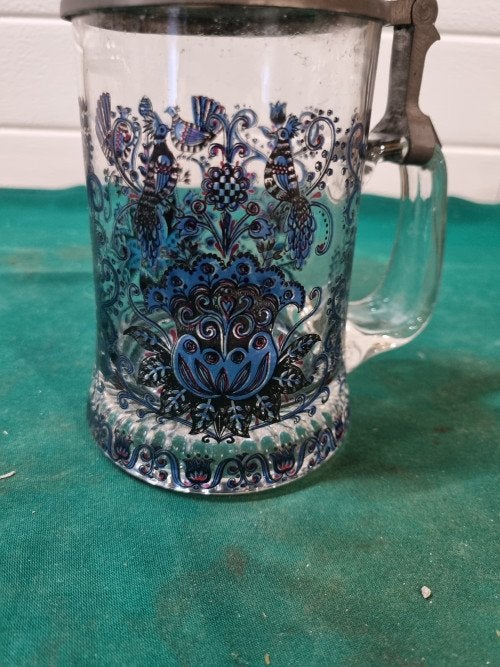 bierpul glas met tinnen deksel gedecoreerd vogels, Ophalen of Verzenden, 'T Olde Gre-j, Info@toldegrej.nl, Endepoelstraat 20f Didam