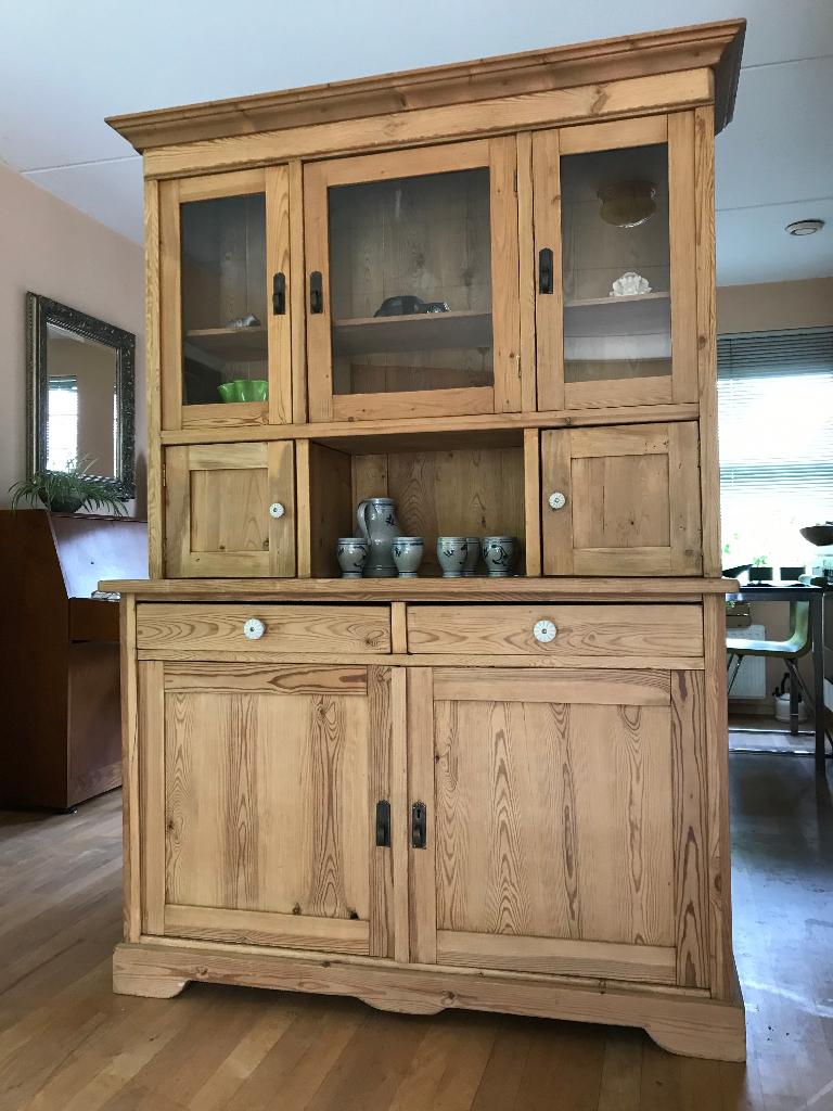 Vintage handgemaakte massief houten vitrinekast (tweedelig), Ophalen, Gebruikt, 100 tot 150 cm, Landelijk / Rustiek / Vintage