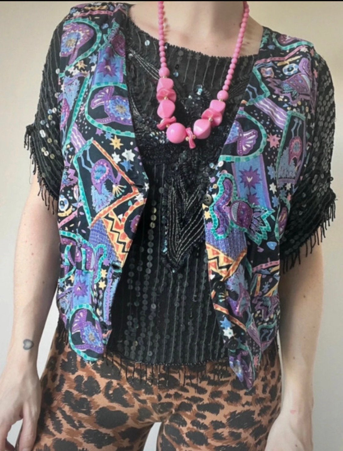 90s vintage print gilet, S. Festival boho bohemian unisex, Kleding | Dames, Vintage, Maat 36 (S), Gedragen, Meerkleurig