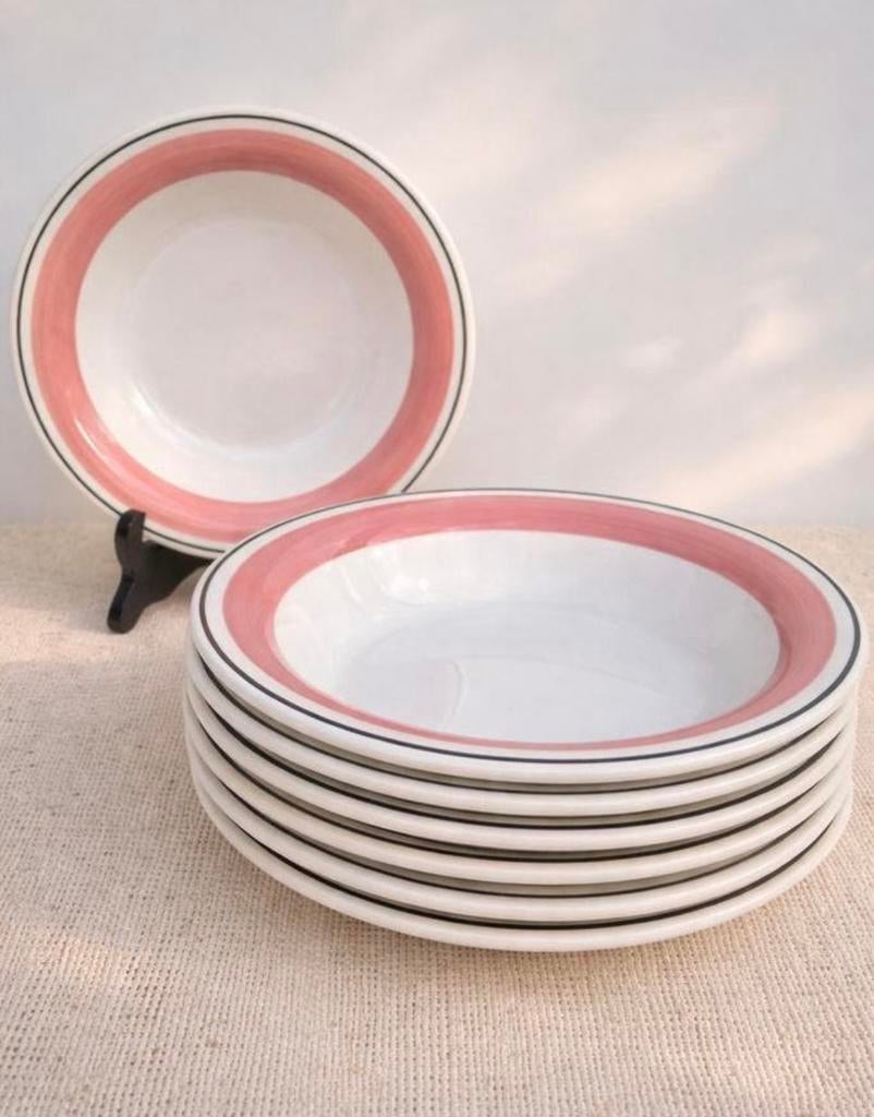 Vintage set diepe borden roze streep zomer servies, Ophalen of Verzenden
