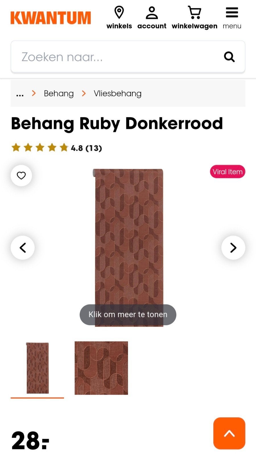 Behang Kwantum Ruby Donkerrood (2 rollen), Huis en Inrichting, Stoffering | Behang, Overige merken, Geometrisch, Ophalen of Verzenden