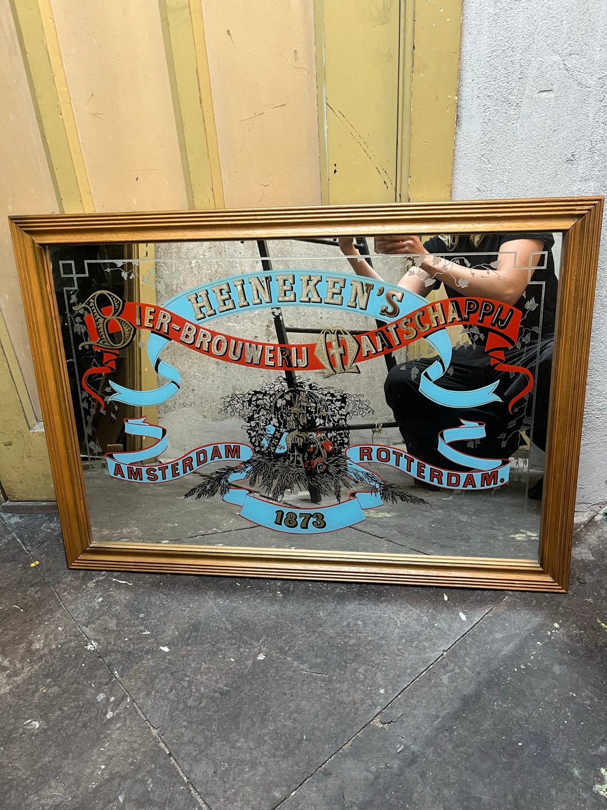 Vintage Heineken's Bierbrouwerij Spiegel en lijst., Ophalen, Rechthoekig, 50 tot 100 cm, Minder dan 100 cm
